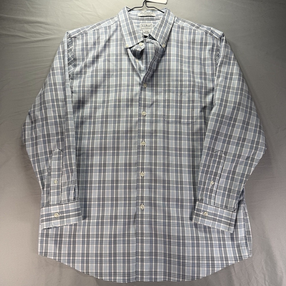 LL Bean Button Down Shirt Mens 17 Wrinkle Resistant Slightly Fitted Blue Check